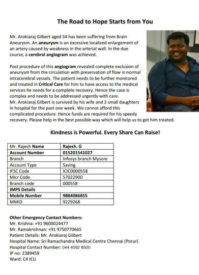 Help Arokiaradj Gilbert Suffering from Brain Aneurysm | Milaap
