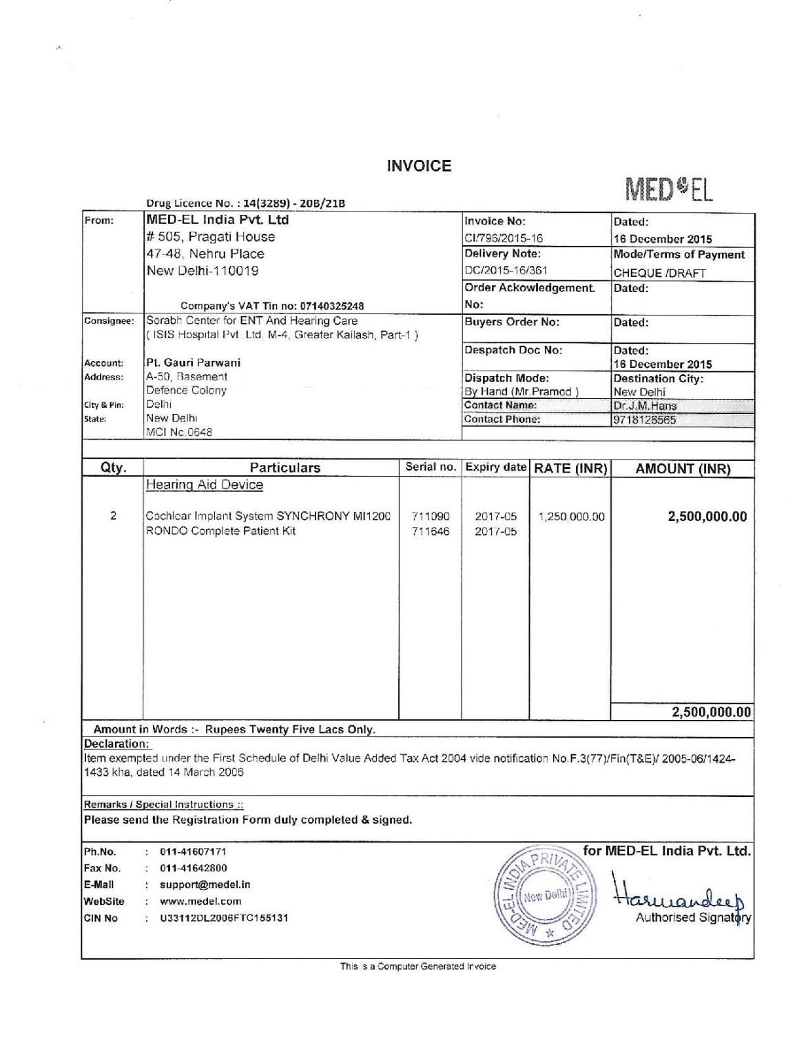 Cochlear Implant Invoice Cochlear Implant Invoice