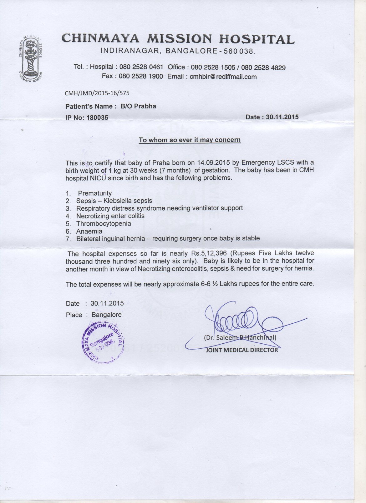 Please find below the letter from the hospital. Please find below the letter from the hospital.