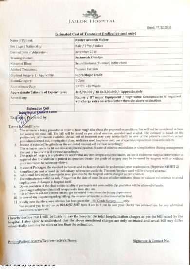 Supporting document - estimation letter