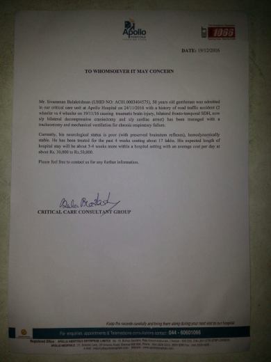 Letter from Apollo regarding hospital costs