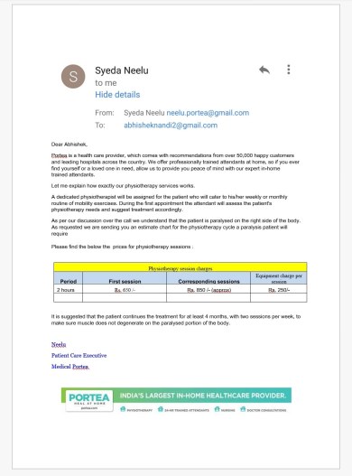 Portea estimate email copy - physiotherapy