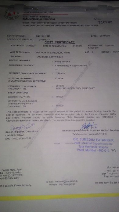 medical and cost certificate issued by hospital