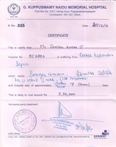 Request for Fund to save Senthil Life