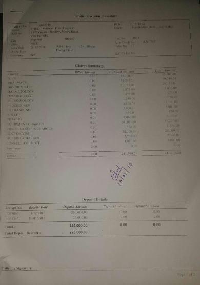 2 weeks Bill for baby's hospitalization frm 28th Dec16 till 10th Jan17