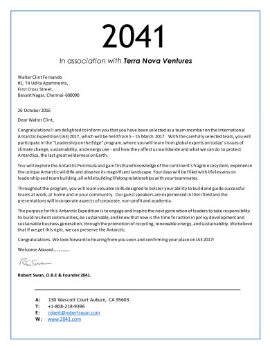 Invitation from Sir Robert Swan
