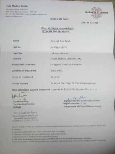 Bone-Marrow Transplant Estimate given by Tata Medical Center ,Kolkata