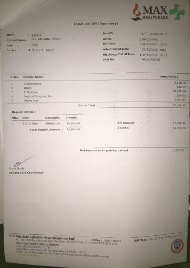 Hospital Bill at Max - 31/12/2016
