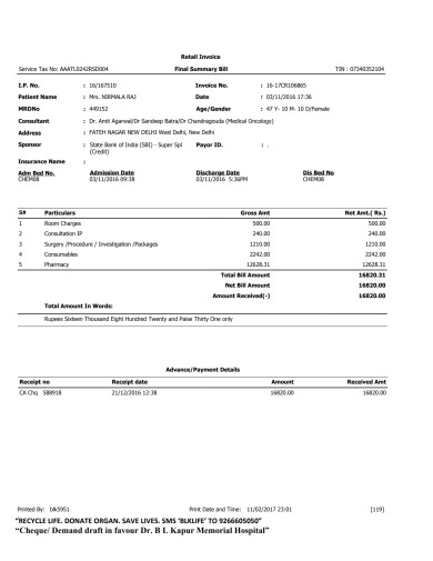 Chemo bill- BLK hospital(03/11/16)