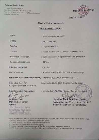 Cost estimate as per the Doctors of Tata Medical Center, Kolkata