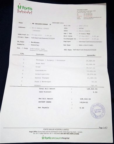 Fortis Malar hospital bill