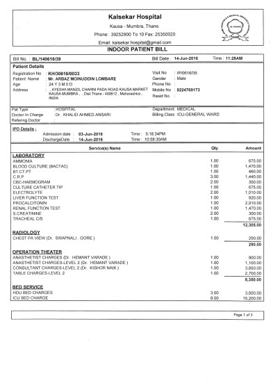 Kalsekar Hospital Bill