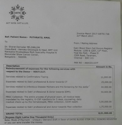 Bone marrow transplant invoice