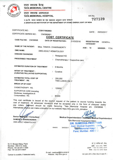 Tanaya's Chemotherapy Cost (Bone Marrow Transplant cost not included)