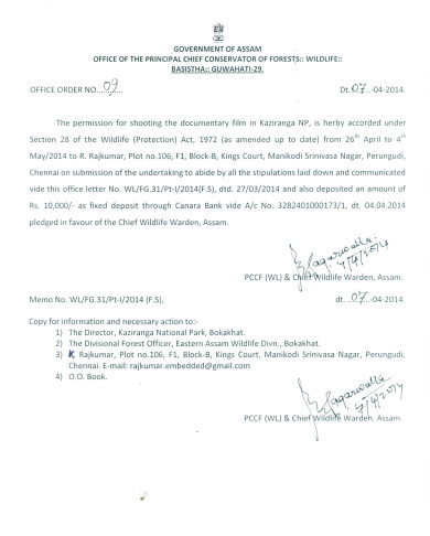 Permission letter given by PCCF office to shoot in Kaziranga Forest