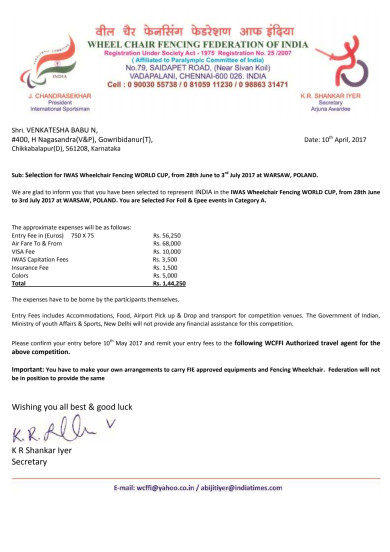 IWAS WHEELCHAIR FENCING WORLD CUP SELECTION LETTER