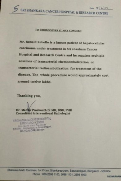 Letter from the hospital - Sri Shankara Cancer Hospital