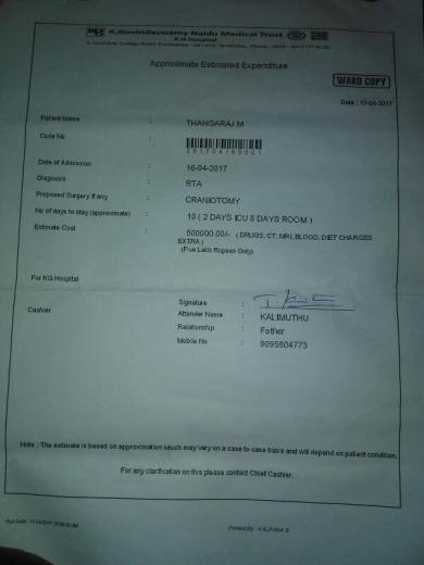Estimated bill for the surgical operation of thangaraj