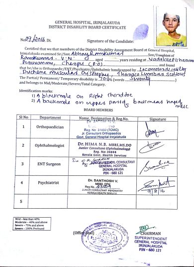 Certificate issued by Trichur District Medical Board