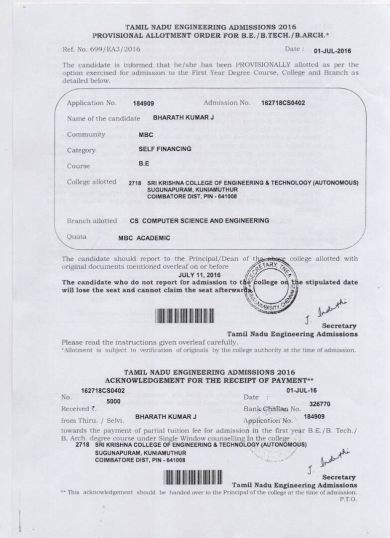 Admission form , Mr.J Bharath Kumar