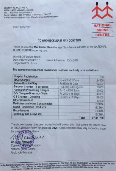 ESTIMATE GIVEN BY THE HOSPITAL