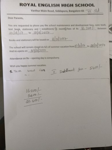 School fee details kid2