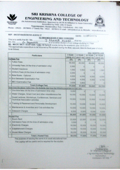 Fee structure, Mr. J Bharath Kumar