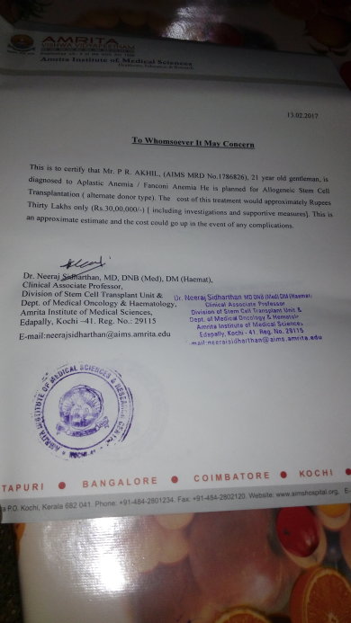 seeking help for 23 yrs boy suffering from Aplastic anemia