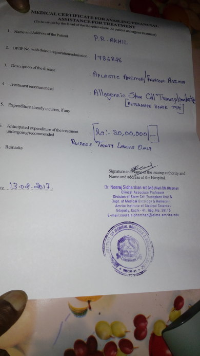 seeking help for 23 yrs boy suffering from Aplastic anemia