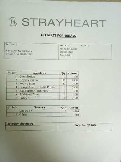 Hospital's estimated invoice for Bruno