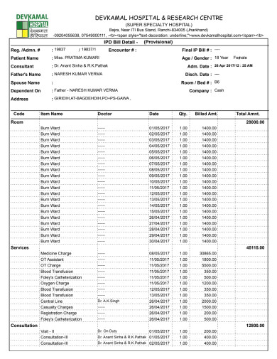Pratimakumari Bill through 15/5 including surgery costs