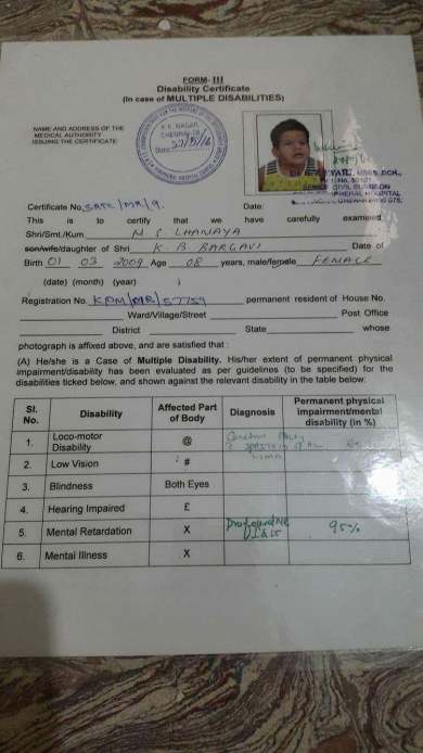 Multiple disabilities certificate issued by the Government