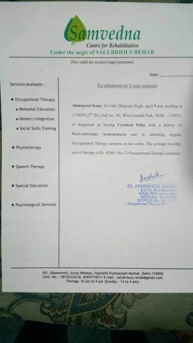 Estimation letter from Occupational Therepist