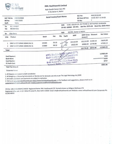 15th May chemotherapy bill