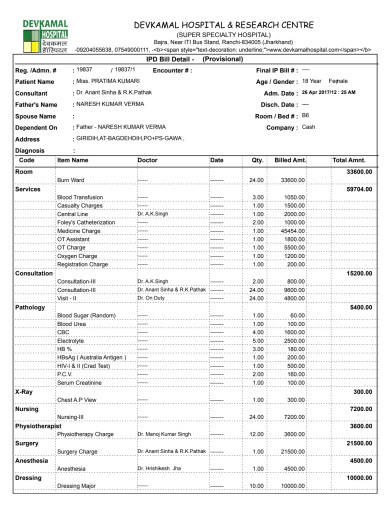 Pratimakumari Provisional Bill 20/5 including surgery. Slow Recovery