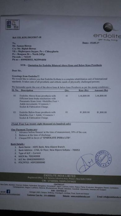 Estimate for His Artificial Limbs