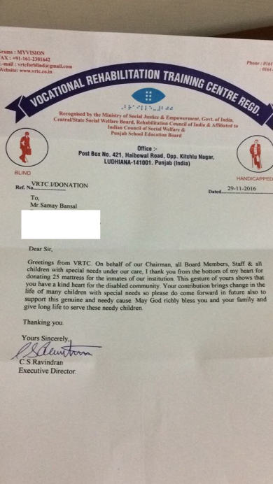 Letter from School of Visually Handicapped after receiving matresses