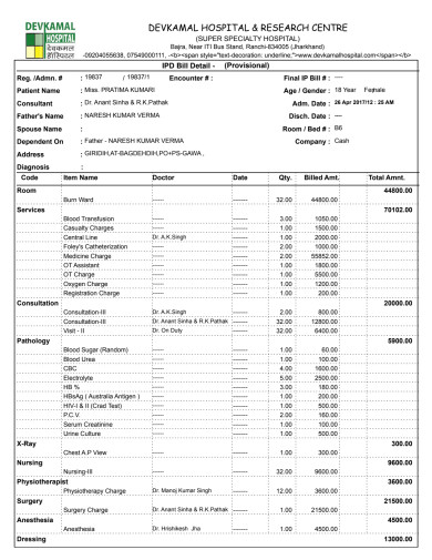 Pratimakumari Provisional Bill Till 27.05.2017. Slow recovery