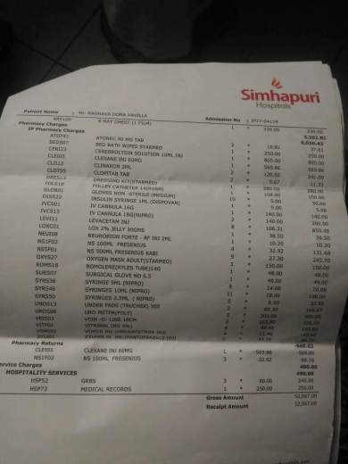 Simhapuri Hospital Day 1 Bill