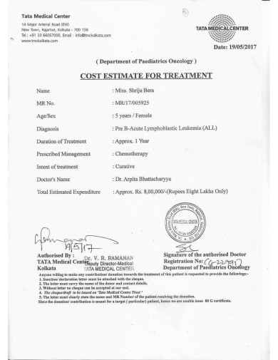 Estimate Provided by TATA MEDICAL CENTER