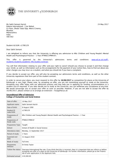 Offer Letter from The University of Edinburgh