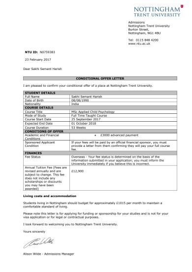 Offer Letter from the Nottingham Trent University