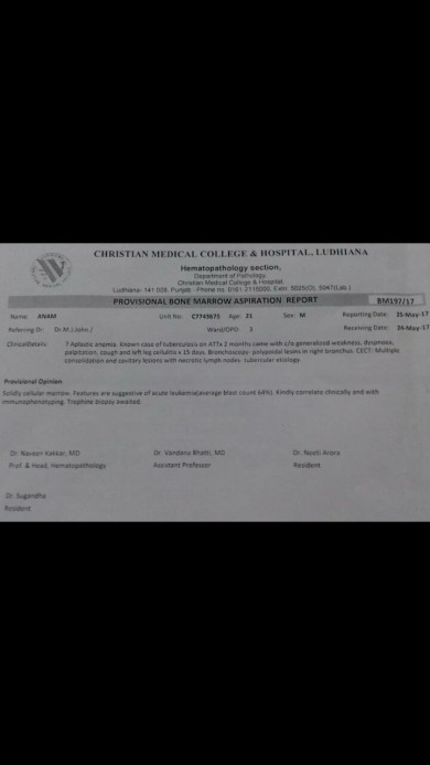 diagnosed with leukemia(BloodCancer), CMC hospital Ludhiana, Punjab.