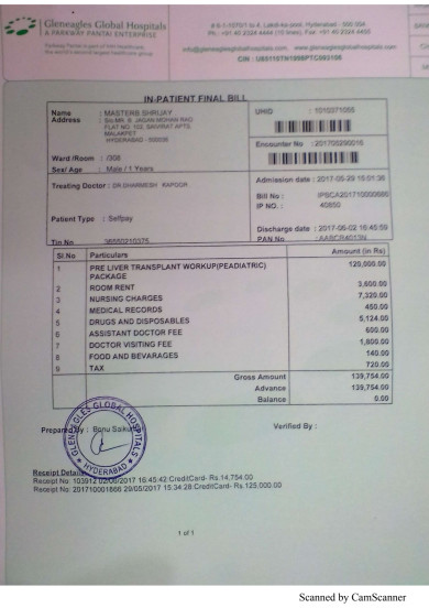 Baby work up admission bill