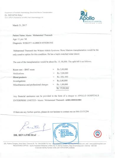 doctor's and hospital's (Appollo Chennai) estimate letter