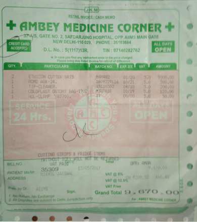 Receipt for surgical items bought for surgery