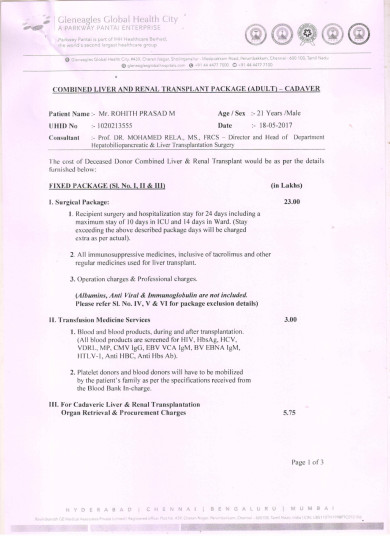 Liver and Kidney Transplant (Hyperoxaluria -Type 1) Operation Cost