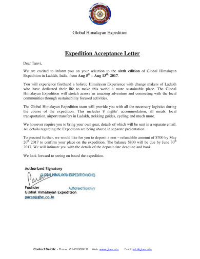 Expedition Acceptance Letter