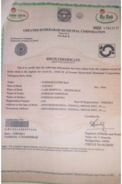 S. Jathin Raj birth certificate
