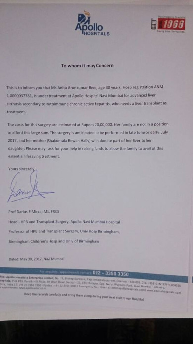 Dr Darius (Apollo Hospital) Letter for liver transplant.